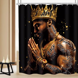 MESHELLY Black Man Shower Curtain 60Wx72H African American Man Inspirational Quotes Shower Curtain Modern Motivational Positive Gold Cool Afro Black King Bathroom Decor Fabric with 12 Hooks