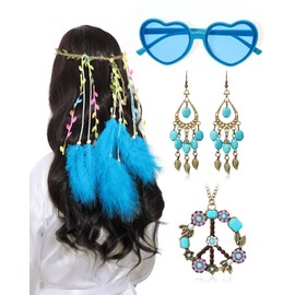 AWAYTR 3PCS Women Hippie Costume Set - 70s Hippie Boho Flower Headband Gold Peace Sign Necklace Hippie Daisy Sunglasses Women (Blue-1)