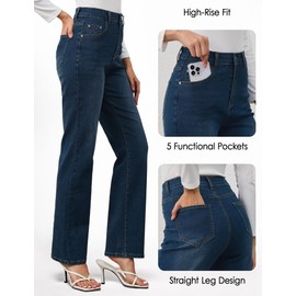 AMPOSH Women’s High-Rise Straight Leg Jeans - Comfortable Stretch Denim Classic Fit Casual & Work Pants(Highnight Indigo, 8)