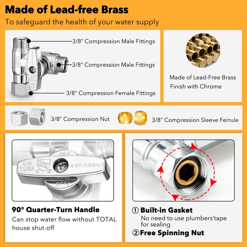 3/8" Brass Compression Angle Stop Valve, Water Line Splitter Connector