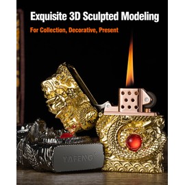 Cool Lighters, Windproof Carving Dragon Antique Lighter, Reusable Kerosene Grinding Wheel Lighter for Collection, Decorative, Gift, Present (Without Fuel) (Gold)