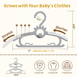 Baby Hangers 40PCS, 11"-14" Extendable and Stackable Kids Hangers, 45g Ultra-Thick Space Saving Non-Slip Plastic Hanger for Infant, Toddler and Nursery Closet, Gray