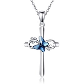 POPLYKE Infinity Cross Necklace for Women Sterling Silver Butterfly Crystal Pendant Necklaces Jewellery Gift for Women Wife