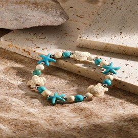 coadipress Turtle Starfish Bracelet Anklet for Women Boho Blue Turtle Starfish Anklet String Bracelet Colorful Starfish Bracelet Summer Beach Collection Jewelry (Blue starfish&white turtles), Large