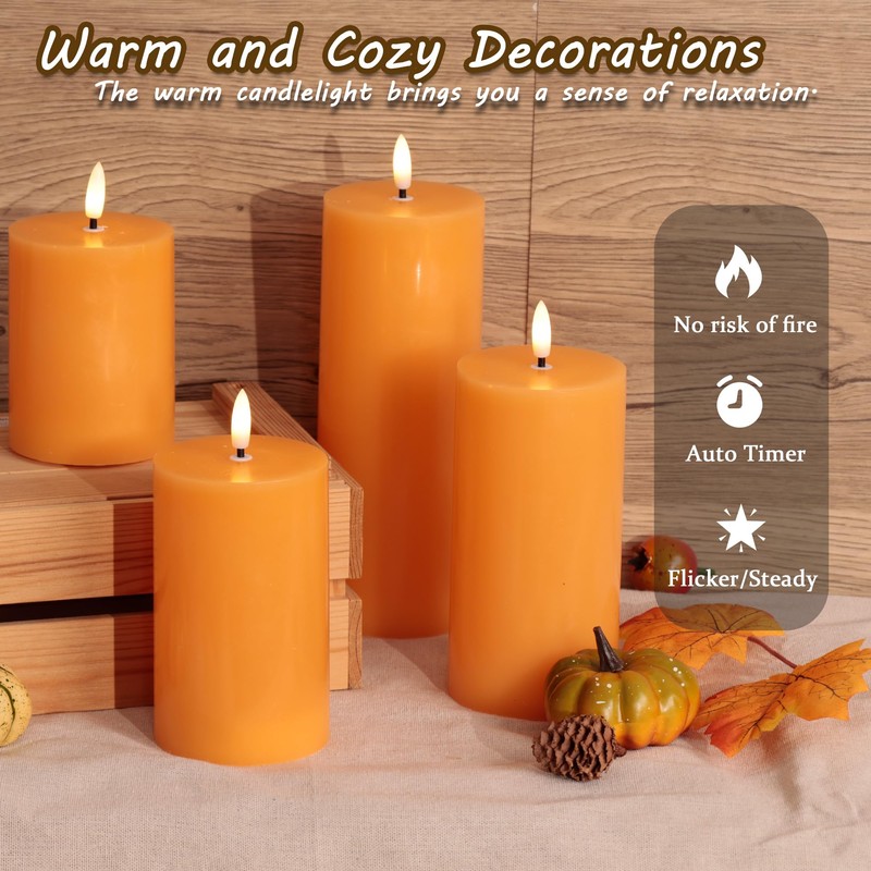 JOIONE Orange Flameless Pillar Candles with Remote, 4 Pack Fall
