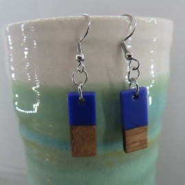 Pemby Studio BLUE RESIN & WOOD Bar Dangle Earrings Stainless Steel Hook Nature Boho Gift