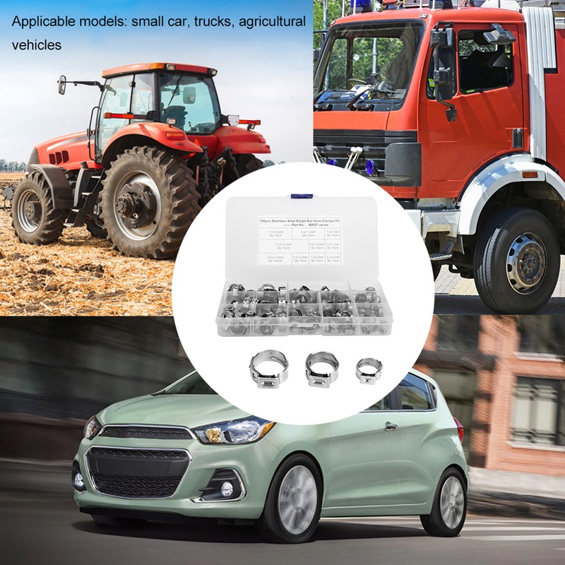 100pcs Stainless Steel Single Ear Hose Clamp Crimp Stepless Assortment