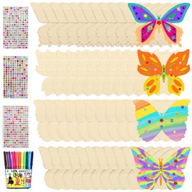 Butterfly Craft Set, 40 Pieces Butterflies Wooden Children's Birthday Crafts, Butterfly Decorative Wooden Discs for Painting, Unfinished Butterfly Wood with Watercolour Pen + Sequin Stickers