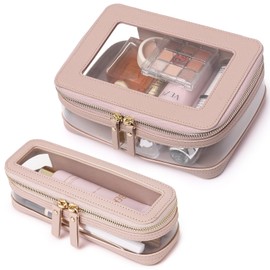 Pinkmik Travel Clear Makeup Bag with Brush Case TSA Approved Toiletry Bag Waterproof Cosmetic Organizer Car Essential for Women (Pink, M+SLIM)