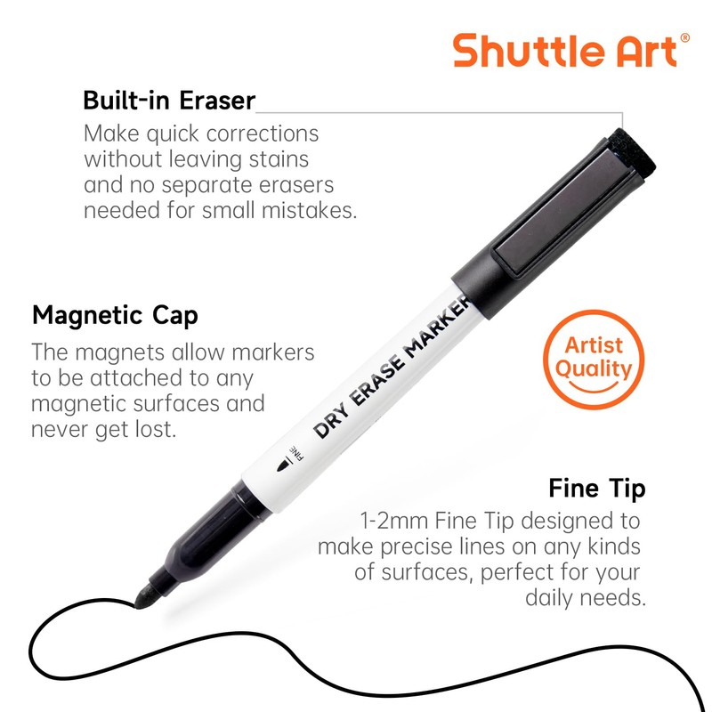 Shuttle Art Whiteboard Markers, Erasable Marker Pens, Black, 15 Pack