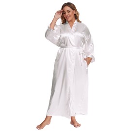 feslieacc Women's Plus Size Long Satin Robes Plus Size Long Silk Robes Bathrobe Sleepwear White,4X-Large-5X-Large Plus