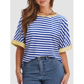 ATHMILE Women's Graphic Tees Oversized T Shirts Striped Short Sleeve Crewneck Summer Tops Casual Loose 2025 Trendy Clothes