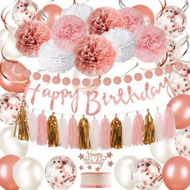 WITPOCE Rose Gold and Pink Birthday Party Decorations Set with Happy Birthday Banner,DIY Cake Topper,Circle Dots Garland,Hanging Swirls,Tissue Paper Pompoms,Paper Tassels Garland,Confetti Balloons