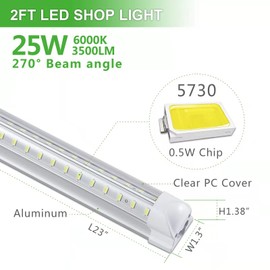 Skymoatled 2FT LED Shop Light, 25W 3500LM 6000K/White Super Bright, T8 Integrated LED Tube Light Fixture,Plug and Play, Linkable LED Shop Lights for Room, Garage, Workbench, Under Cabinet (2 Pack)