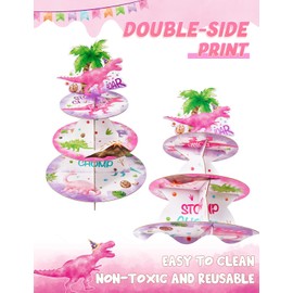 WERNNSAI Watercolor Dinosaur Cupcake Stand - Dinosaur Party Decorations for Girls Reusable 3-Tier Cardboard Cupcake Stand Holder Round Dessert Tower Tray Dino Theme Birthday Baby Shower Party Supplies