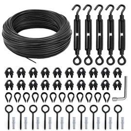 hannger String Light Hanging Kit Outdoor, Full Black Globe String Lights Suspension Kit w/ 100FT PVC Coated Steel Cable & Enough Accessories, Guide Wire for String Lights, Patio Lights, Camping Light