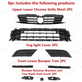 Unbranded 9PC For Jetta 2015-2018 Upper Lower Chrome Grille Mesh Bumper Holder Bracket Kit