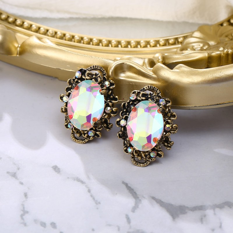 Clearine Women's Victorian Style Crystal Flower Cameo Inspired Oval Clip-On