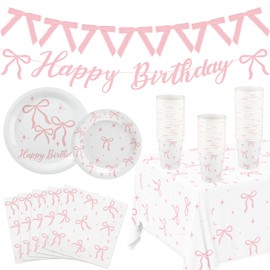 Pink Bow Birthday Party Supplies Pink Bow Tableware Set Coquette Birthday Decor Includes Paper Plates Napkins Cups Tablecloth Banner for Bachelorette Bridal Coquette Party Supplies, Serve 25
