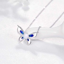 TANGPOET Butterfly Necklace 925 Sterling Silver Opal Necklace Butterfly Pendant Valentines Day Jewellery Gifts for Women Ladies Girls