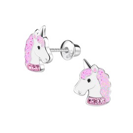 Penny & Piper Toddler Screwback Earrings Hypoallergenic for Ages +3 - Sterling Silver Earrings for Little Girls & Kids Stud Earrings - (Unicorn Pink Glitter with Pink Gem, 1 Pair)