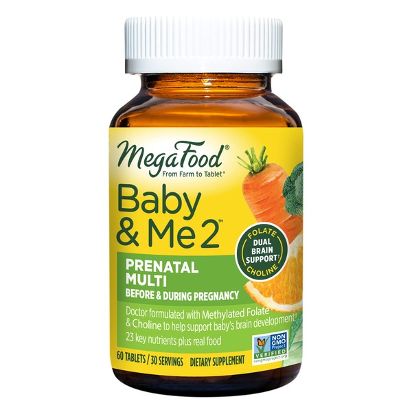 MegaFood Baby & Me 2 Prenatal Multi - Prenatal Vitamins for Mom & Developing Baby - Dr Formulated with Essential Nutrients like Folic Acid, Choline, Biotin, and More - Non-GMO - 60 Tabs (30 Servings)