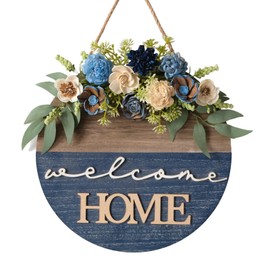 Spring/Summer Welcome Sign for Front Door 16 Inch Round Wood Sign with Rice-Paper Plant Flowers Hanging for Farmhouse Porch Door Decoration (Blue)