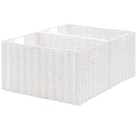 Vagusicc Wicker Storage Basket, Set of 2 Hand-Woven Paper Rope Wicker Basket, Small Storage Baskets for Organizing Toilet Paper Basket, Foldable Large Cube Storage Organizer Bins for Shelves (White)