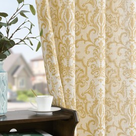 jinchan Extra Long Linen Curtains for Living Room Mustard Yellow Damask Patterned Curtains 96 Inches Long for Bedroom Vintage Curtains 8FT Long for Drapes Grommet Window Treatments 2 Panels Set