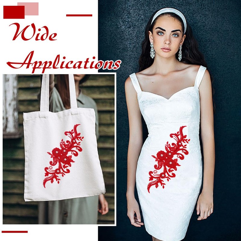 CRAFTYMELODY 2Pcs 3D Beaded Lace Applique Red Flowers Patch Sew