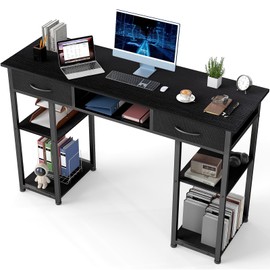 Sweetcrispy Computer Desk - 48 Inch Home Office Bedroom Writing Gaming Study PC Table with Storage Shelves Drawers, Side Bag Headphone Hook, Metal Frame Adjustable Feet, Pure Black