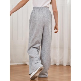 COZYEASE Girl's Wide Leg Sweatpants Elastic Waist Drawstring Straight Leg Baggy Jogger Pants with Pocket Light Grey 9Y
