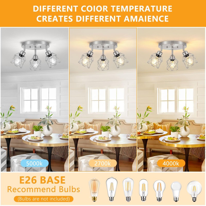 Baocuz 3-Light Brushed Nickel Semi Flush Mount Ceiling Light, Adjustable