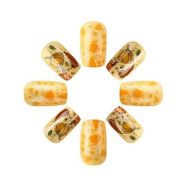 24Pcs Fall Press On Nails Short Square Fake Nails With cute Thanksgiving Elements Press On French pumpkin False Nails Autumn Stick On Nails for Women DIY Manicure Holiday Artificial Acrylic Nail