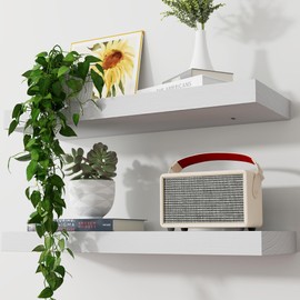 Axeman Floating Shelves, 2 Pack 8 Inch Deep Rustic Solid Wood Wall Shelves for Storage, Wall Mounted Display Shelving with Invisible Heavy-Duty Metal Bracket, 24" W x 8" D x 1.6" H, Distressed White