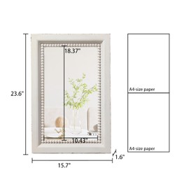 Sintosin Boho White Mirrors for Wall Decor Living Room 24 x 16 Inches, Hanging Rustic Wooden Bedroom Mirror with Beaded Detailing, Vintage Rectangular Bathroom Vanity Mirror Decor
