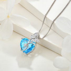 FJ Butterfly Necklace 925 Sterling Silver Love Heart Necklace Aquamarine Pendant March Birthstone Jewelry Gifts for Women