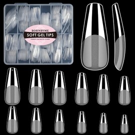 Long Coffin Soft Gel Nail Tips, BORNBYME 240 PCS Pre Buff Full Cover Shaped Nail Extenison Tips Half Matte Gel X Nail Tips