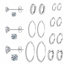 10 Pairs 14K Silver Plated Cubic Zirconia Earrings Set for Women, Hypoallergenic 925 Silver Cubic Zirconia Stud Earrings Pack For Girls Daily Life (Silver)