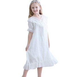 Flwydran Princess Cotton Nightgowns for Girls Kids Pyjamas for 3-12 Years, White short-sleeved
