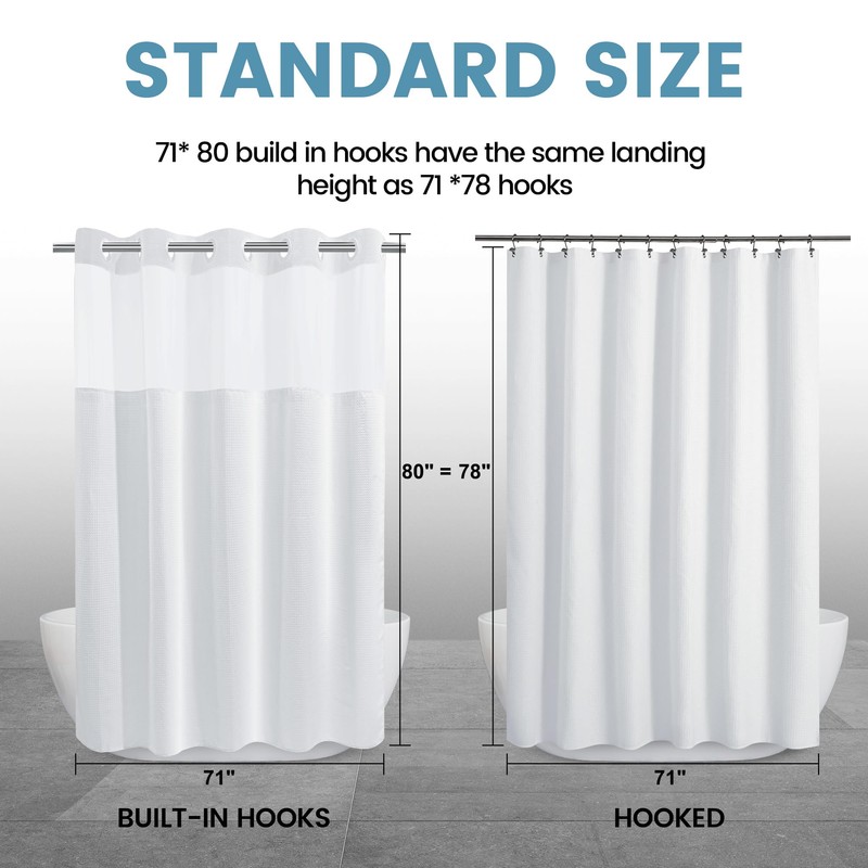 EUTXL Long No Hook Shower Curtain with Snap in Liner,230GSM