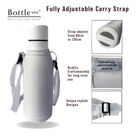 Bottlesoc Water Bottle Carrier with Shoulder Strap | White Design - Washable Cover for Walking & Travel | Eco Friendly Sleeve with Adjustable Strap | Stretchable & Reusable Water Bottle Holder