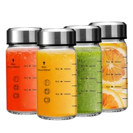 Olivego 10oz Juice Bottles - 4 Pack Wide Mouth Glass Bottles with Lids- BPA Free, Stainless Steel Lids for Juicing, Smoothies, Infused Water, Beverage Storage - Leakproof, Borosilicate, Clear