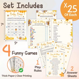 Woodamore Bumble Bee Baby Shower Games For Girl Boy - 4 Funny Party Games For Bee Baby Shower Decorations, Word Scramble Bingo Mommy Or Daddy Game Cards For 25 Guests