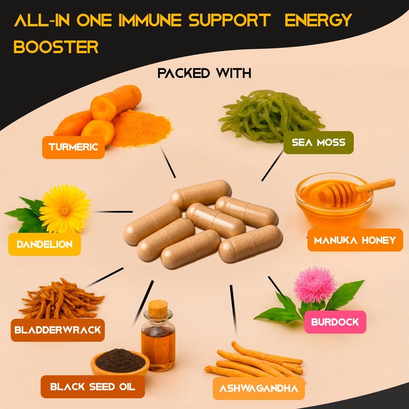 Sea Moss Blend. Black Seed Oil, Ashwagandha, Tumeric, Burdock with