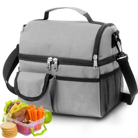 Lonchera Térmica con Doble Compartimento para Hombres, Mujeres, Bolsa de Almuerzo con Correa para El Hombro. (Gris)