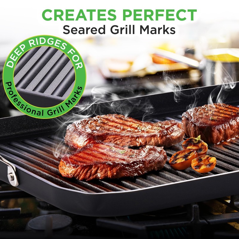 NutriChef 20"x13" Stove Top Grill Pan - Double Burner, Hard-Anodized