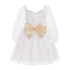 OBEEII Toddler Flower Girl Dress for Wedding Mesh Long Sleeve Star Glitters Tulle Tutu Dress Sequins Bowknot Princess Birthday Party Dress Wedding New Years Christmas Dress White 7-8 Years