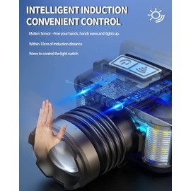 Cussity LED Rechargeable Headlamp Super Bright, Waterproof Head Light with Motion Sensor for Adult, 5 Modes Hand-Free Headlamp for Outdoor/Camping/Hiking/Fishing/Running