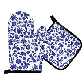 Mingnei Blue Porcelain Floral Oven Mitts and Pot Holders Sets, Blue White Flower Heat Resistant Potholder Kitchen Decor for Cooking Baking BBQ, Blue Floral Chinoiserie Oven Glove Set Kitchen Decor